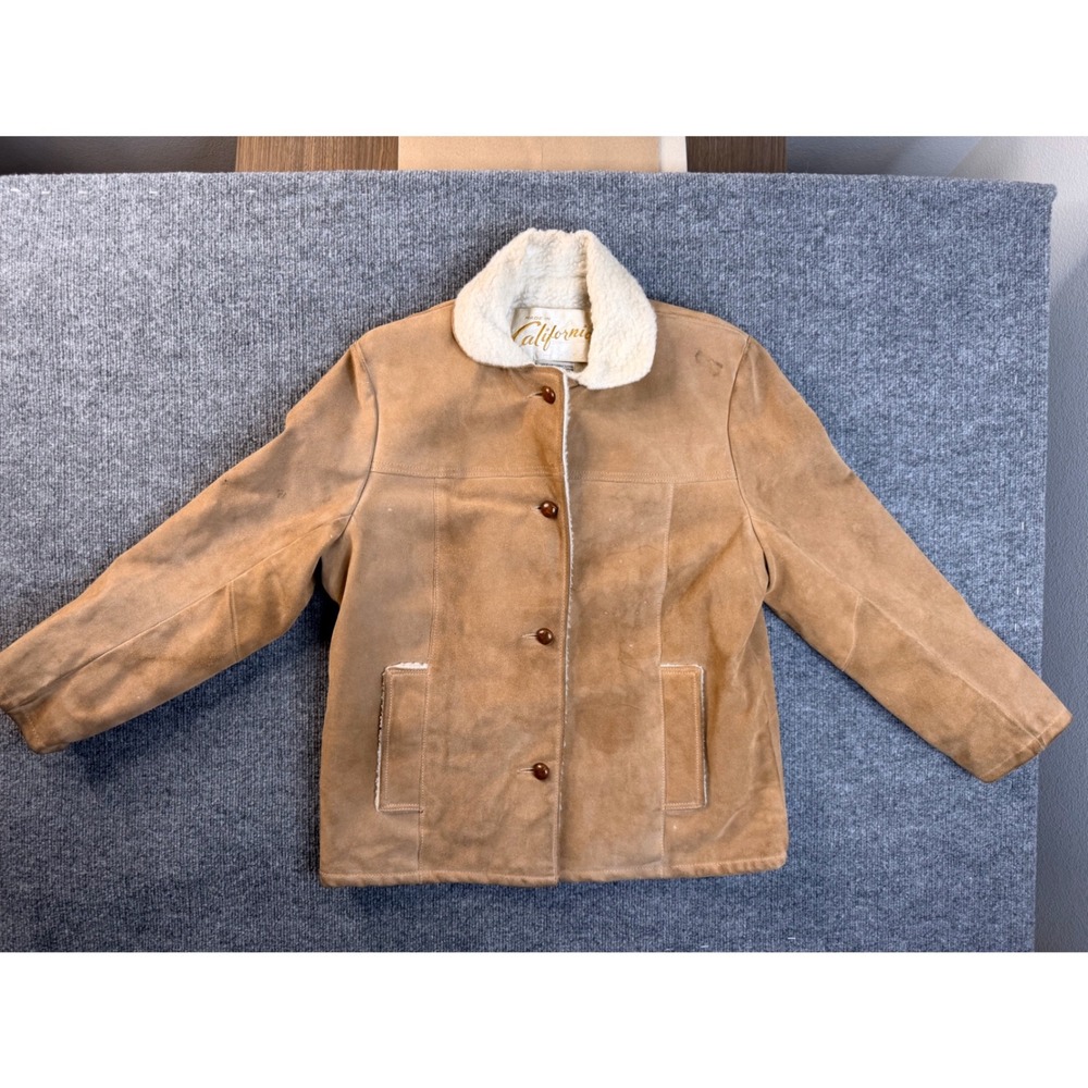 Vintage Made in California Suede Leather Jacket Tan Shearling Lined Women 14 70s